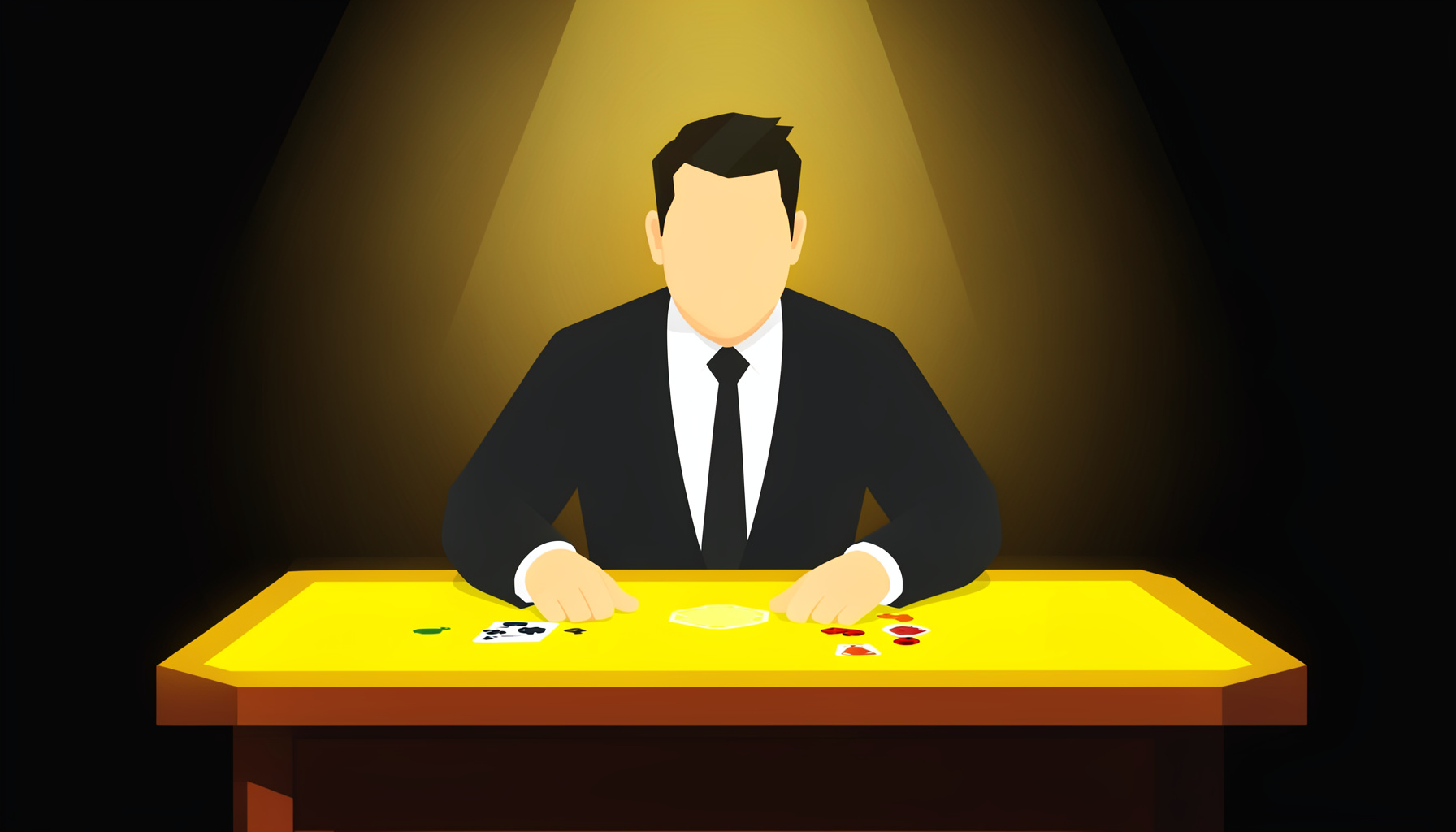 Ilustrasi vektor datar dealer profesional di meja kartu dengan pencahayaan hangat keemasan pada latar gelap