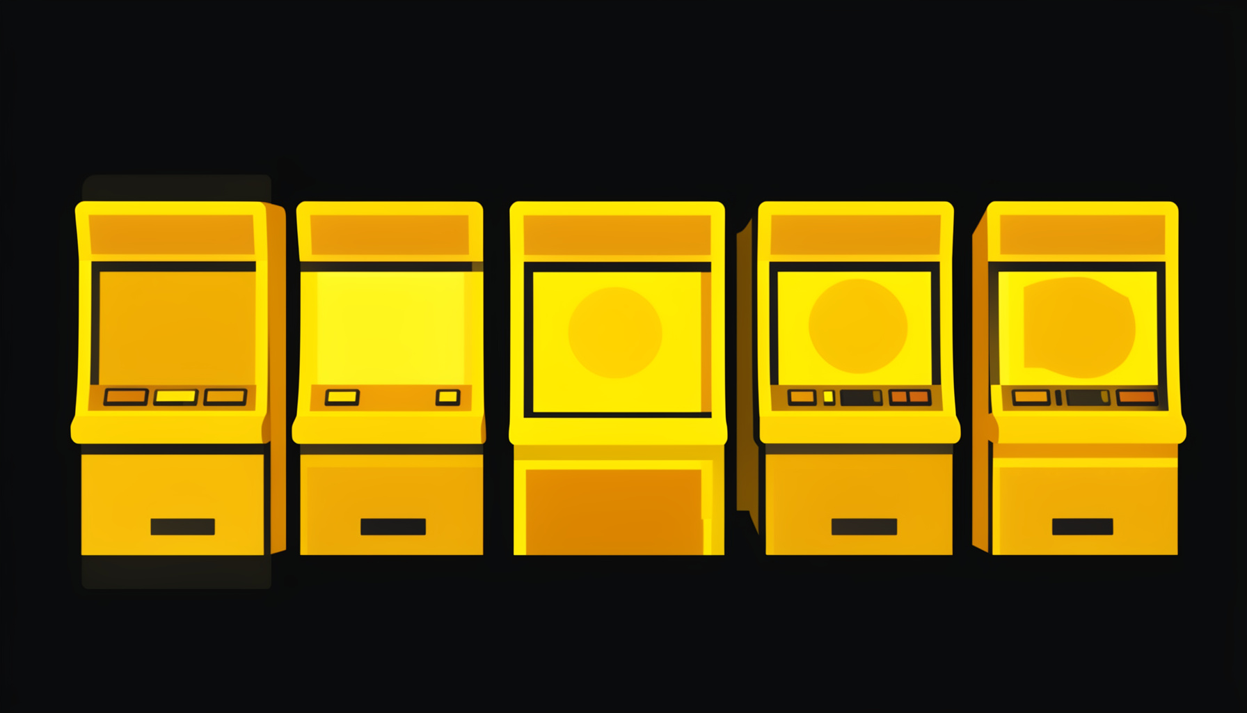 Ilustrasi vektor datar deretan mesin slot berwarna emas dan amber pada latar gelap
