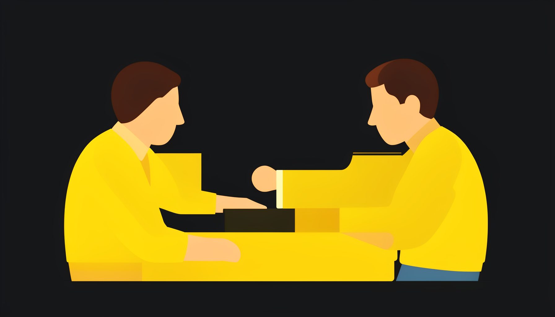 Ilustrasi vektor datar interaksi dealer-pemain dengan elemen emas dan amber pada latar gelap